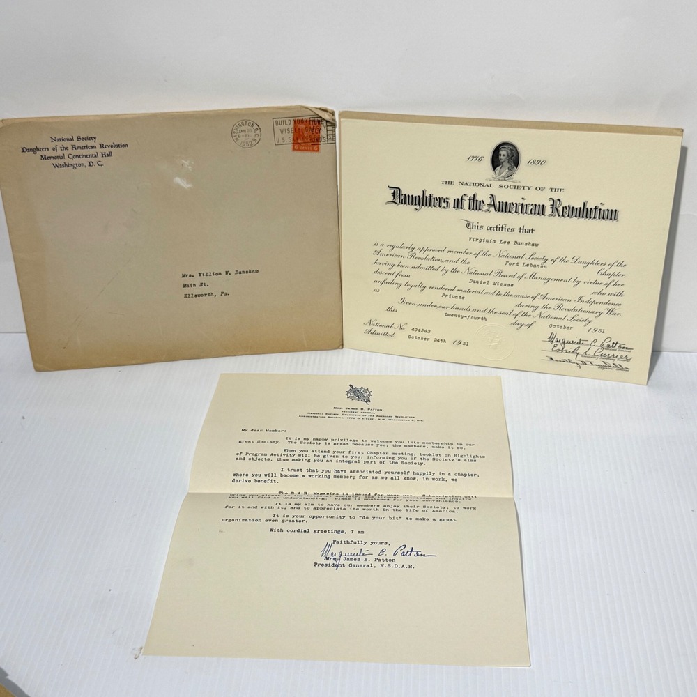 Vintage 1951 DAR Daughters of the American Revolution Certificate & Letter Set